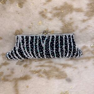 Black Silver Blue Beaded Striped Clutch Evening Bag Chain & Arm Strap Party